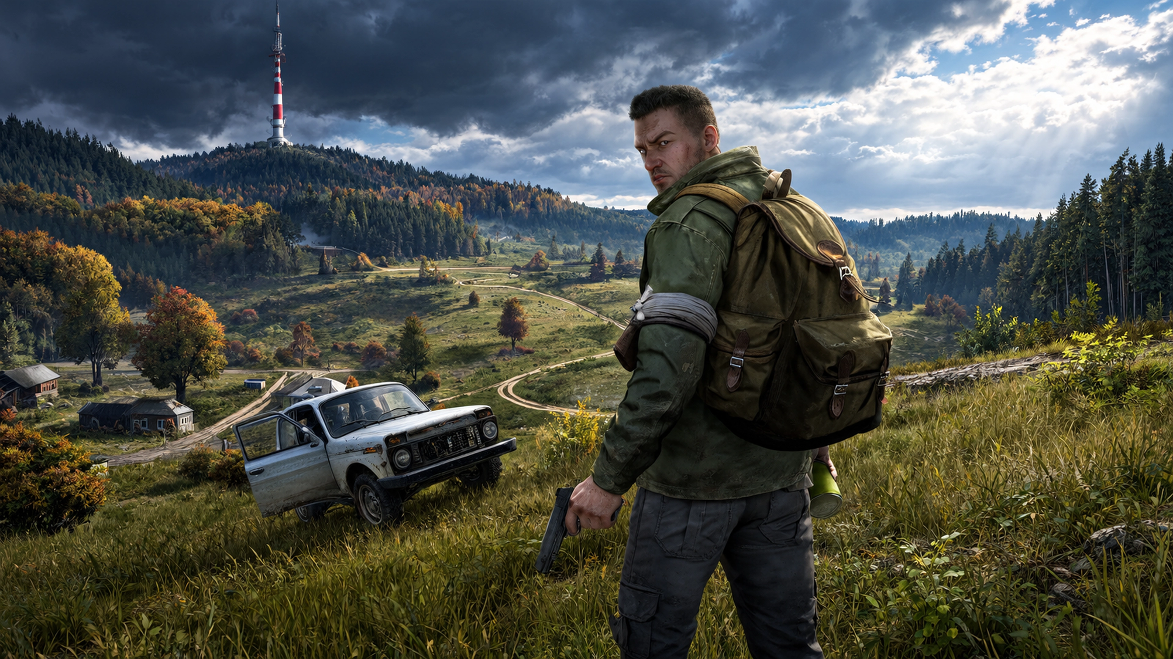 Dayz survivor with backpack and pistol overlooking a valley and radio tower