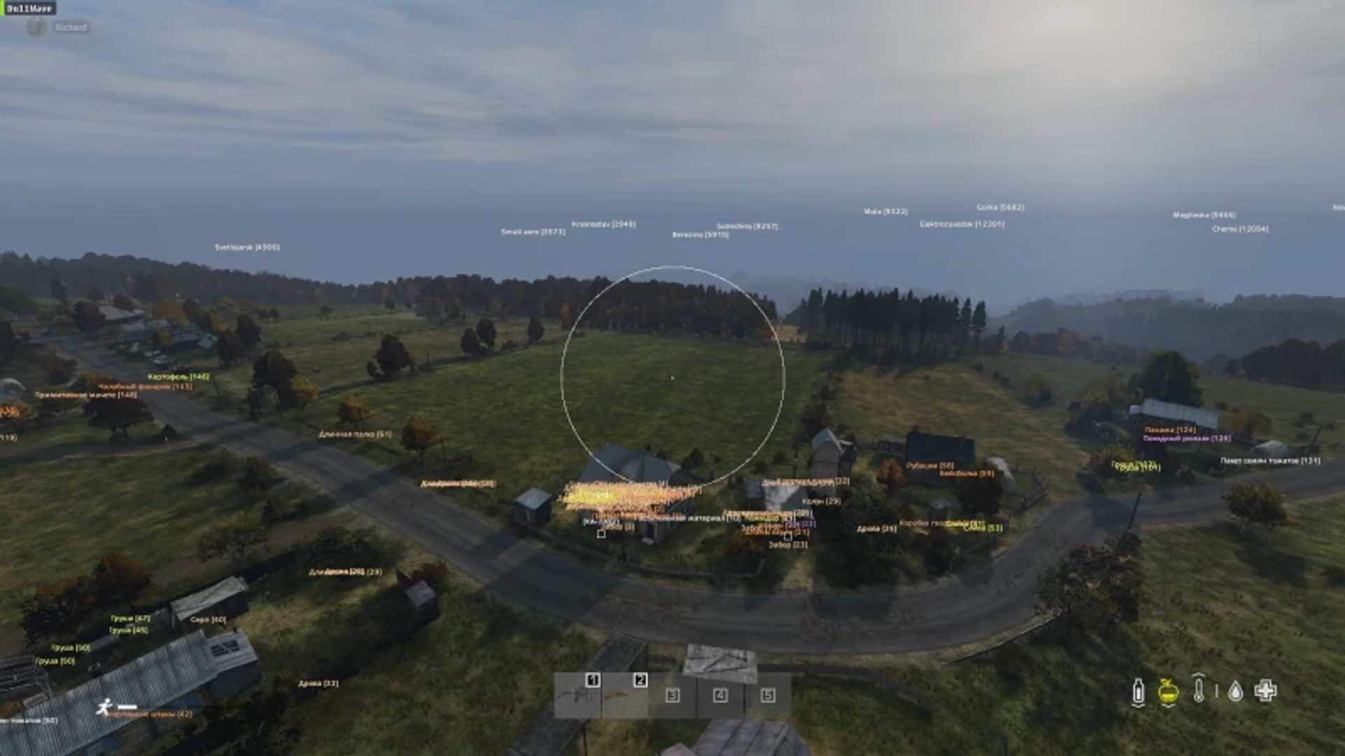 Dayz item ESP and world labels Dayz item ESP screenshot with loot labels and distance markers over a village