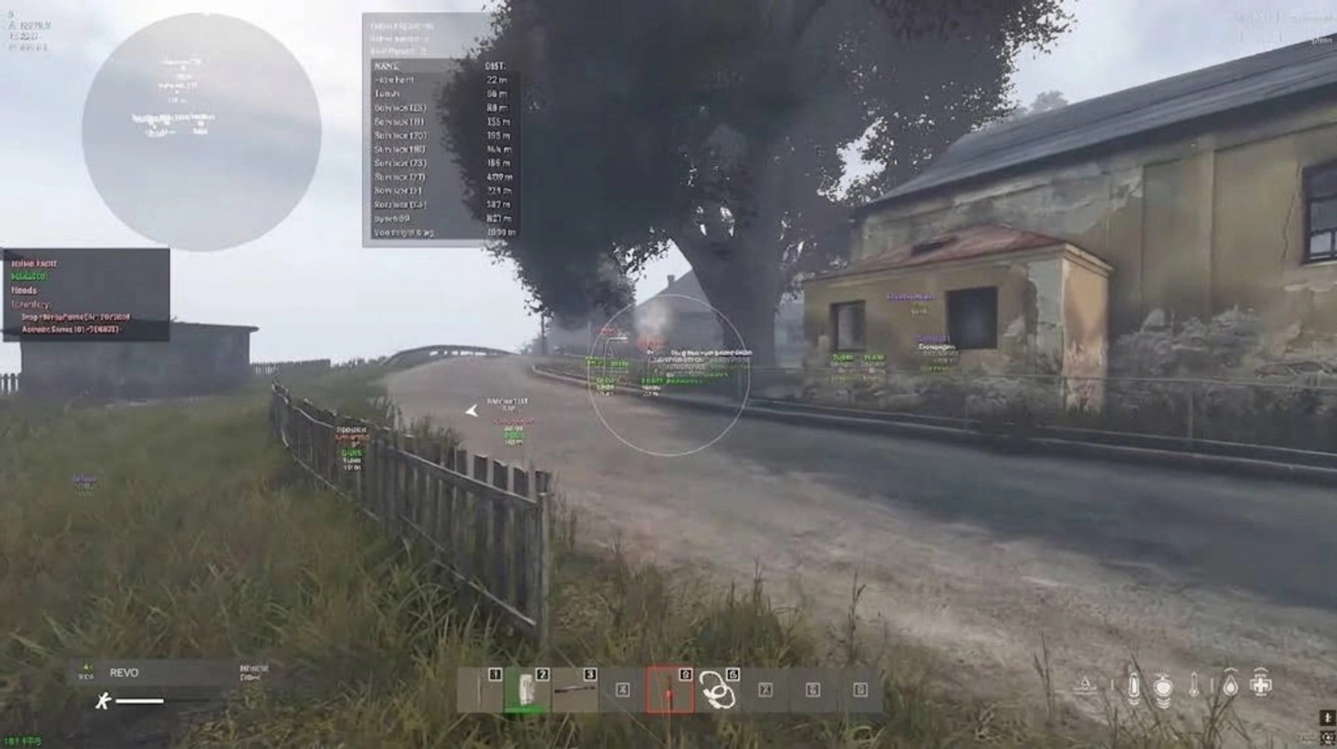 Dayz world ESP and player radar Dayz world ESP screenshot with player distance list and radar in foggy terrain